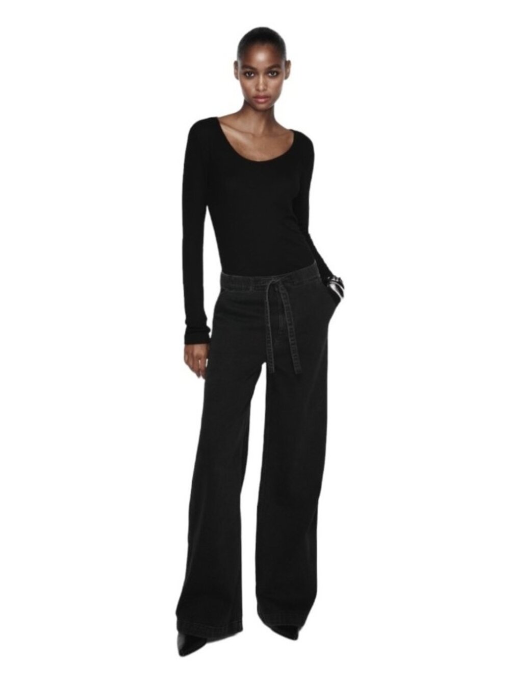Zara Wide Leg Jeans Women’s Large Black Denim High Rise - Picture 1 of 16